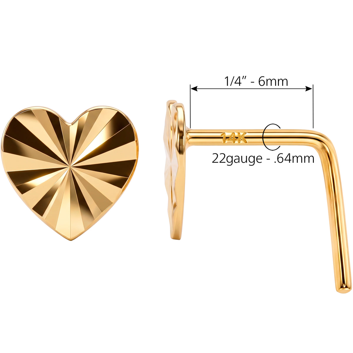 Solid 14k Yellow Gold Diamond Cut Heart 22G L-Shape Nose Ring