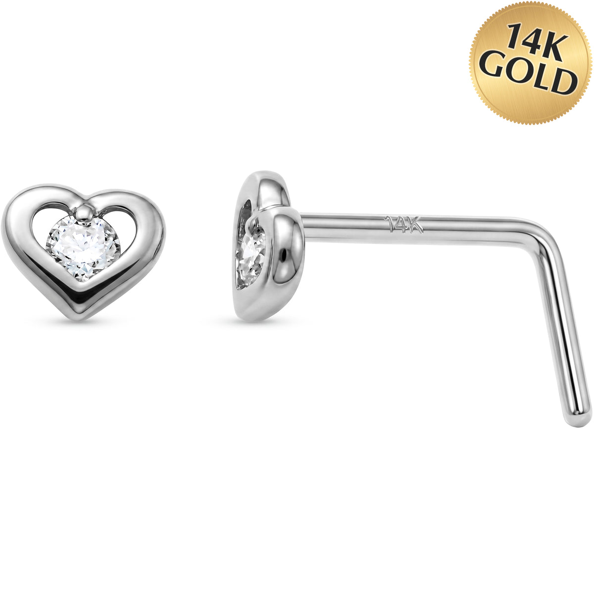 14k White Gold CZ Sweetheart 22 Gauge Nose Ring L-Shape