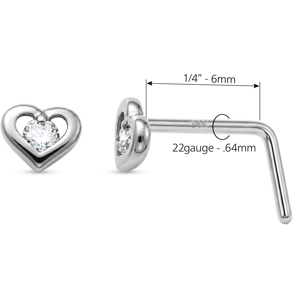 Solid 14k White Gold CZ Sweetheart 22G L-Shape Nose Ring