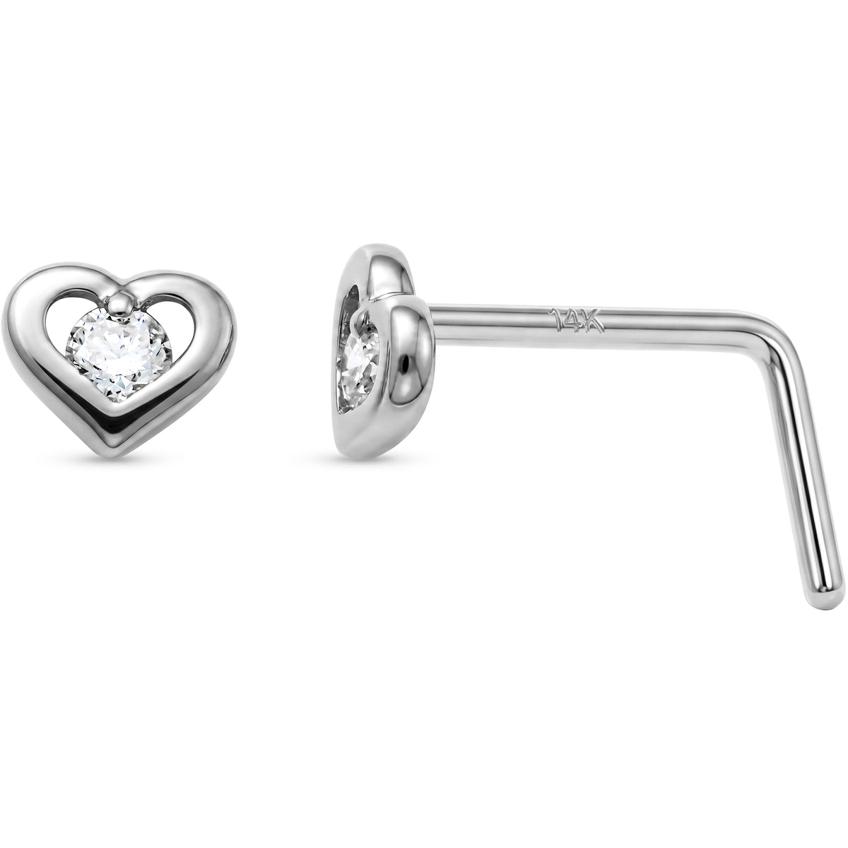 Solid 14k White Gold CZ Sweetheart 22G L-Shape Nose Ring