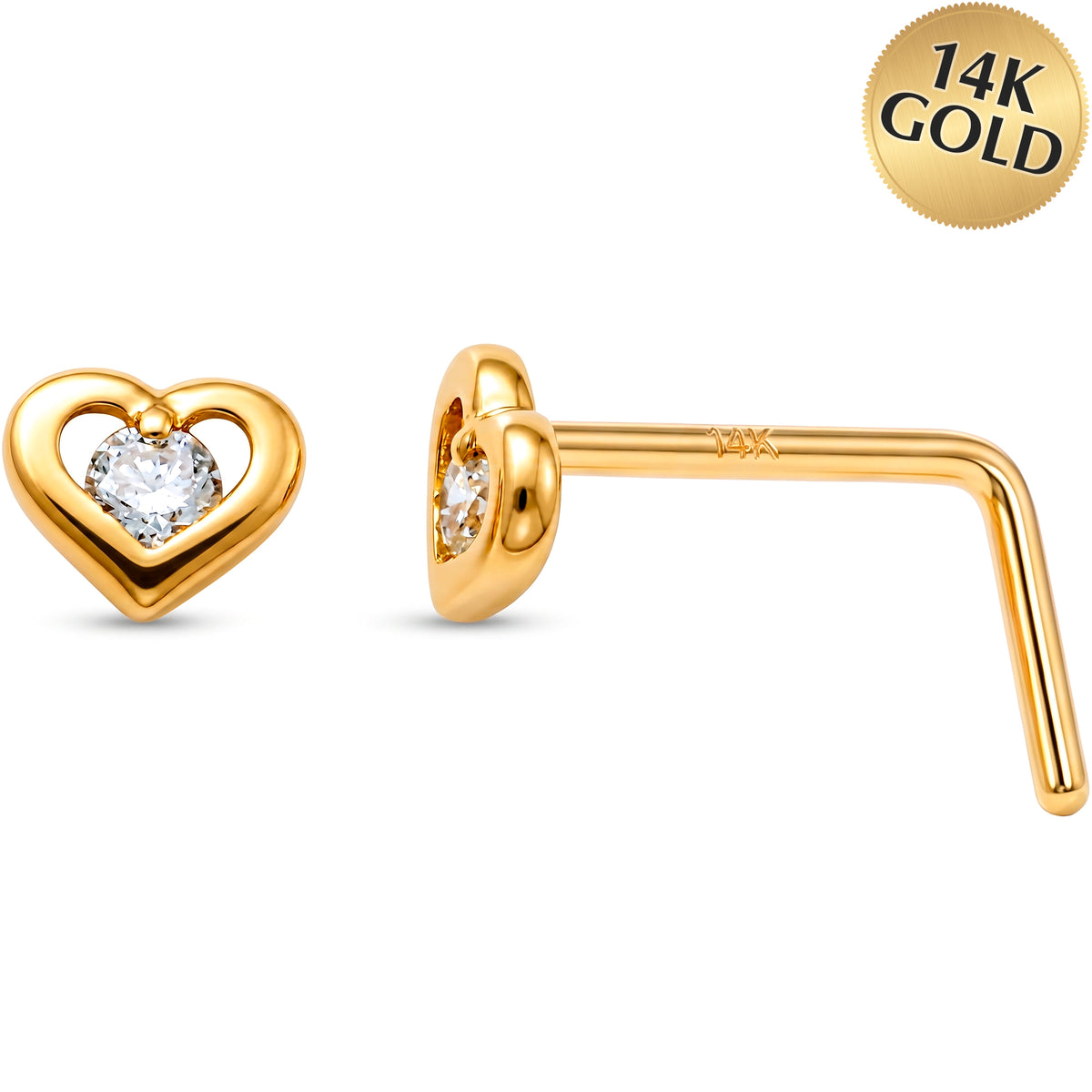 14k Yellow Gold CZ Sweetheart 22 Gauge Nose Ring L-Shape