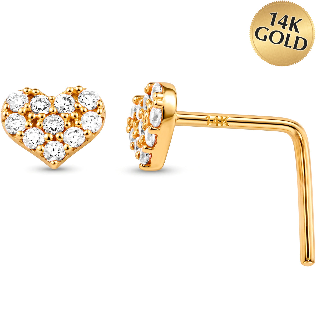 14k Yellow Gold Pave Sweetheart CZ 22 Gauge Nose Ring L-Shape