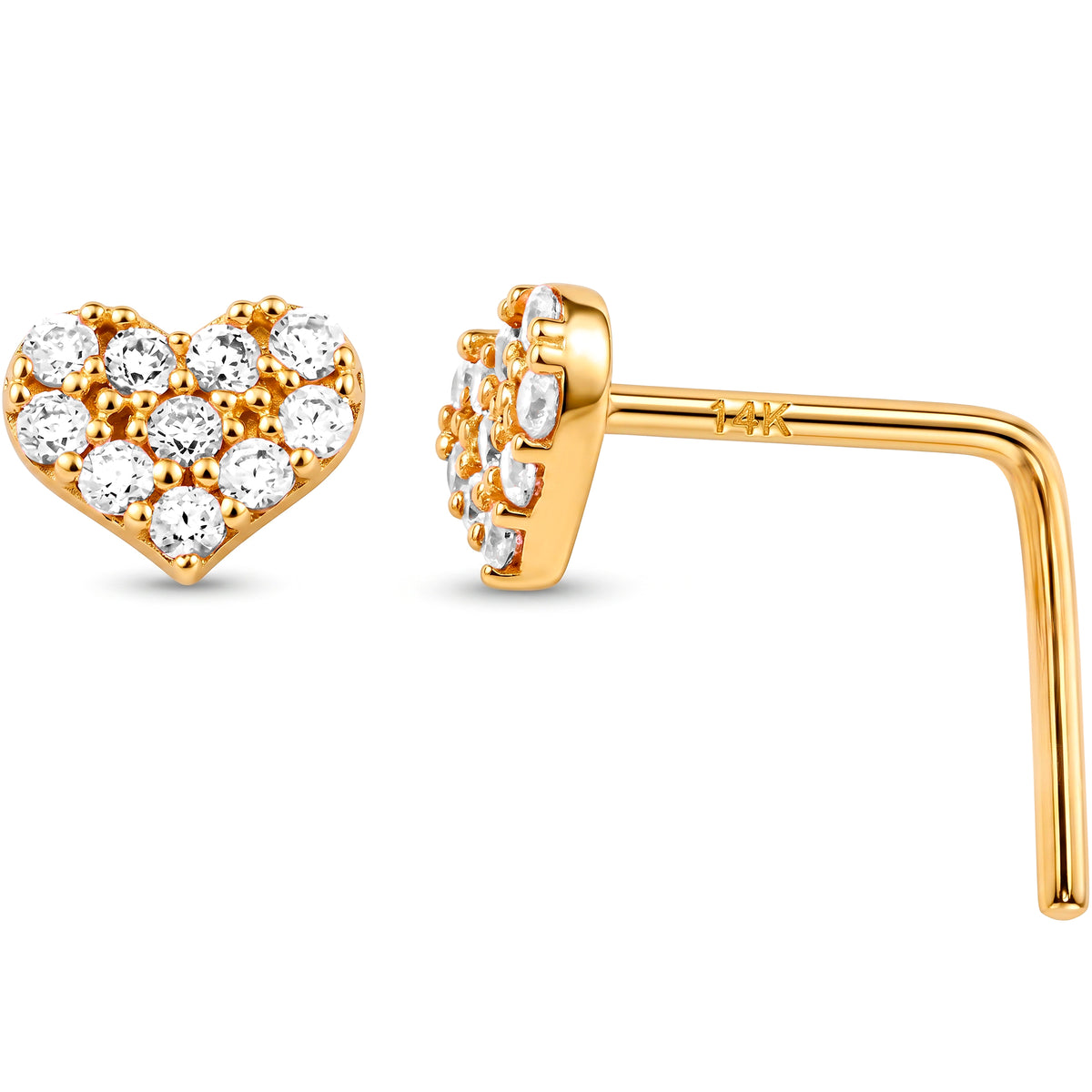 Solid 14k Yellow Gold Pave Sweetheart CZ 22G L-Shape Nose Ring
