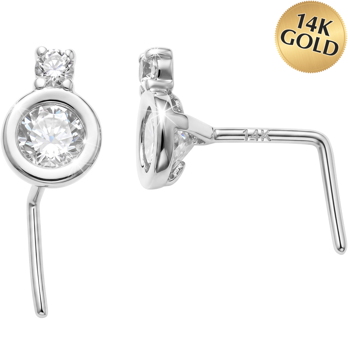 14k Gold CZ Celestial Orbit 22 Gauge Nose Ring L-Shape