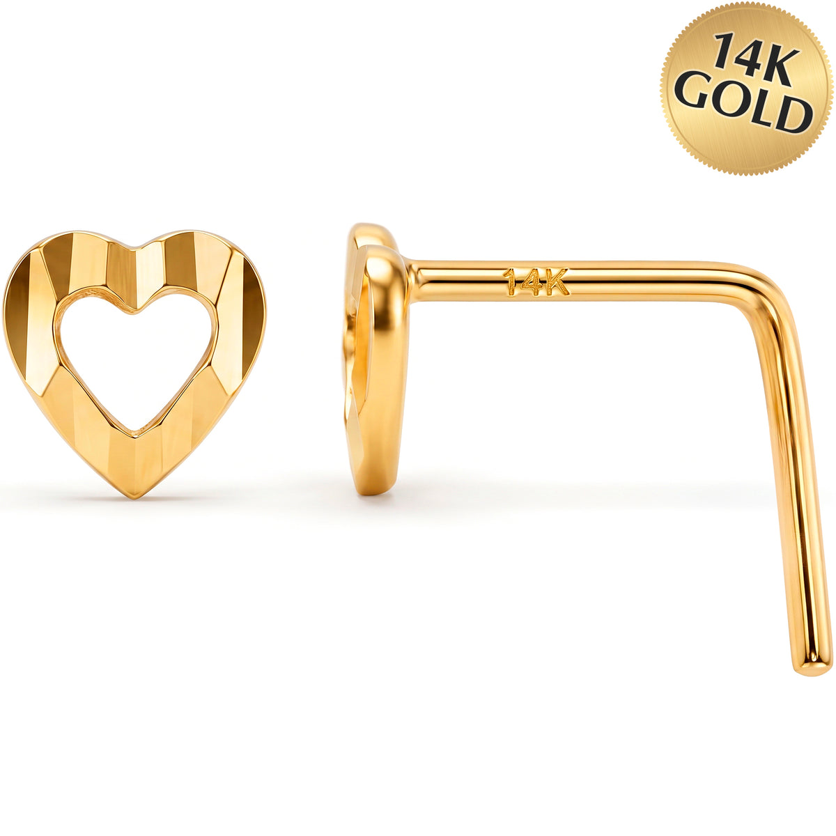 14k Yellow Gold Open Heart 22 Gauge Nose Ring L-Shape
