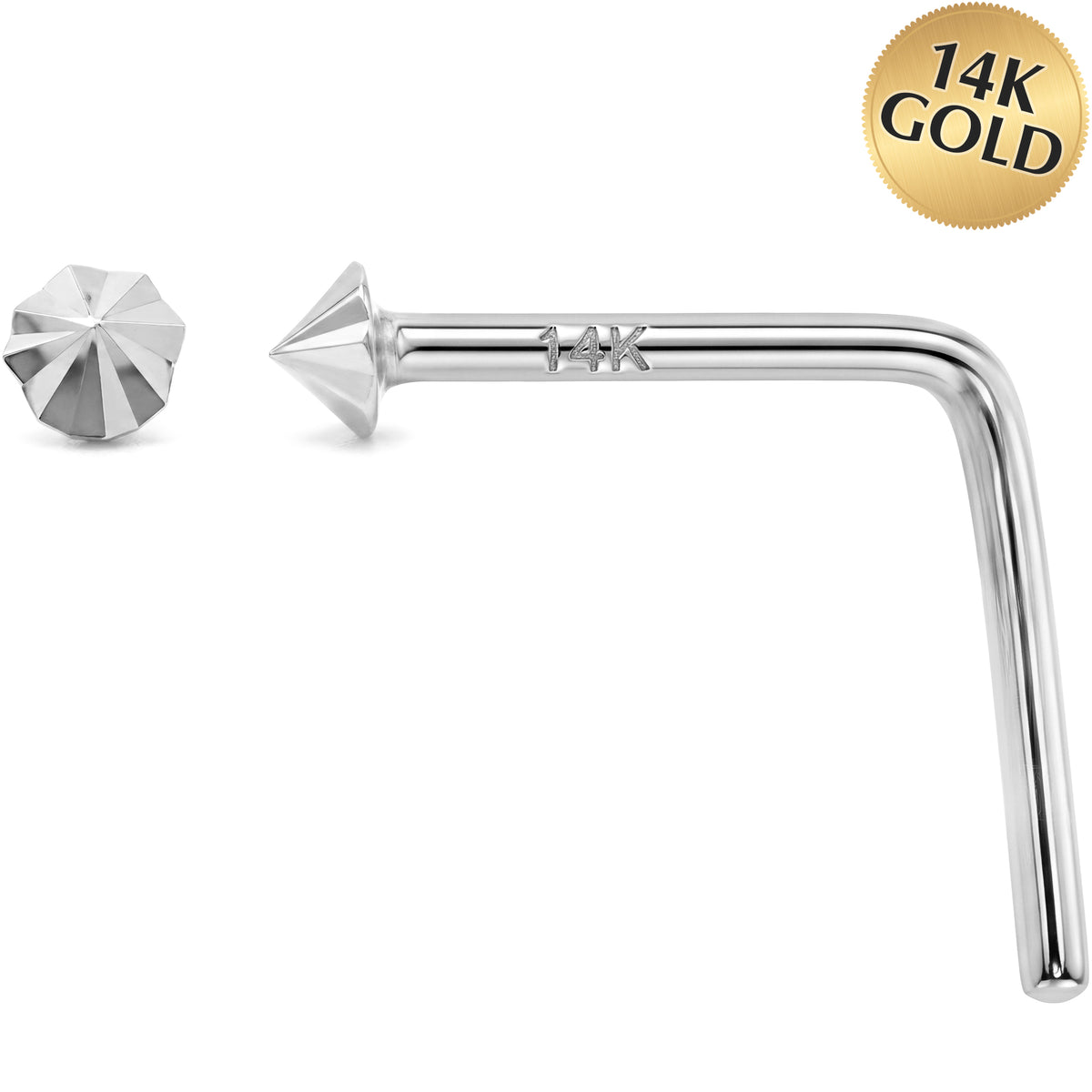 14k Gold Diamond Cut Cone 22 Gauge Nose Ring L-Shape