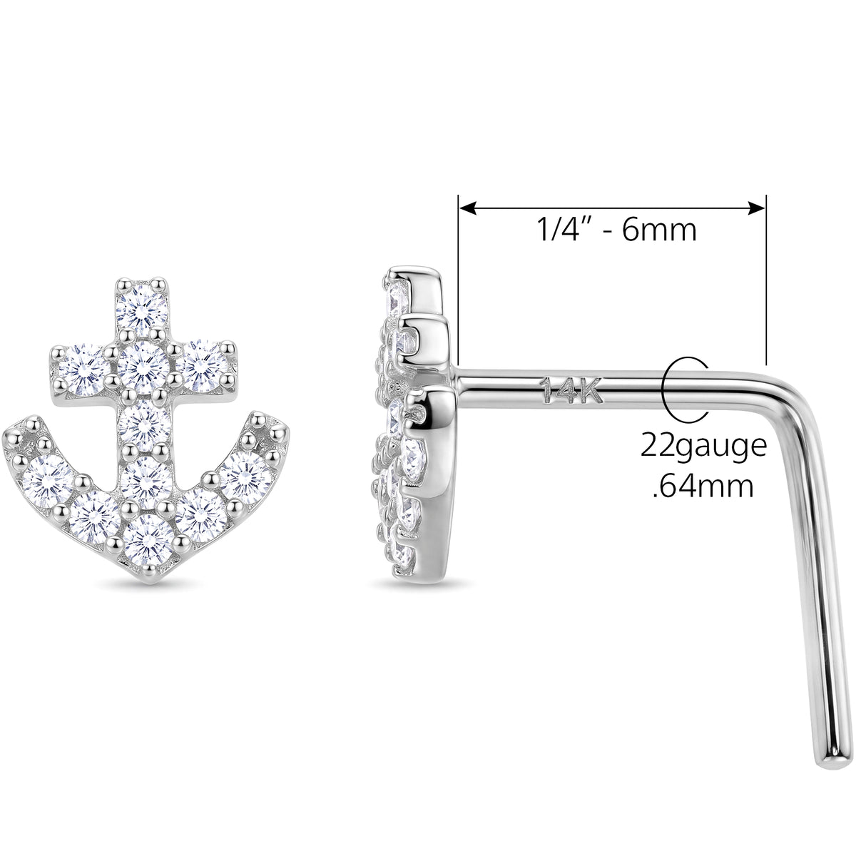 Solid 14k Gold Nautical Anchor CZ 22G L-Shape Nose Ring