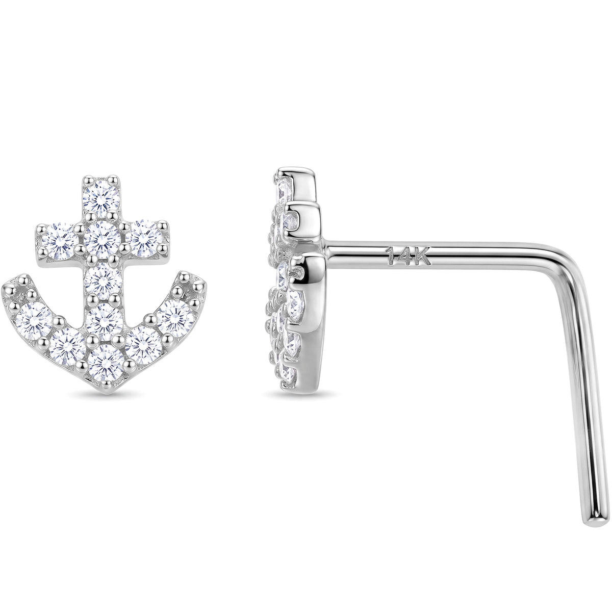 Solid 14k Gold Nautical Anchor CZ 22G L-Shape Nose Ring