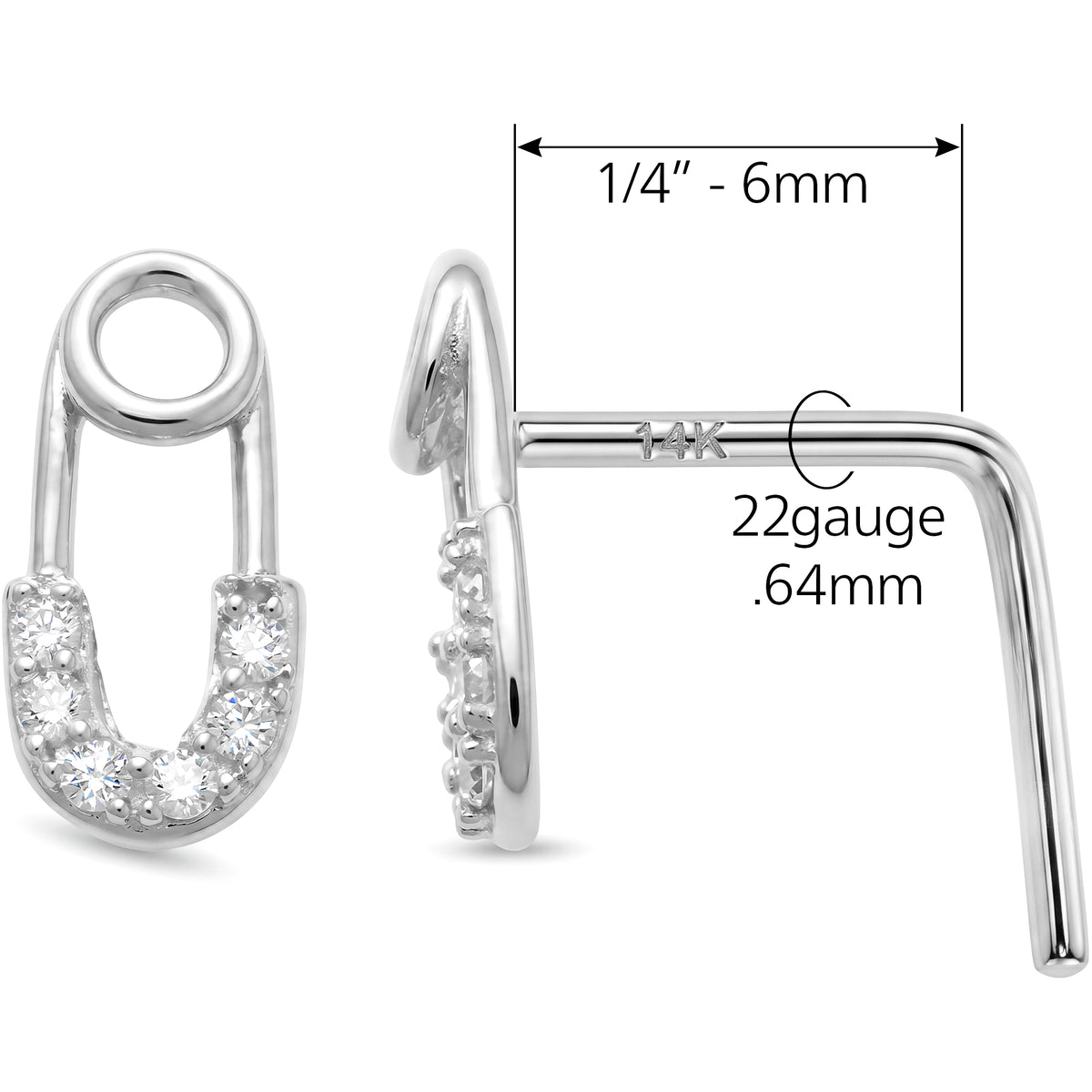 Solid 14k Gold Punk Luxe Safety Pin CZ 22G L-Shape Nose Ring