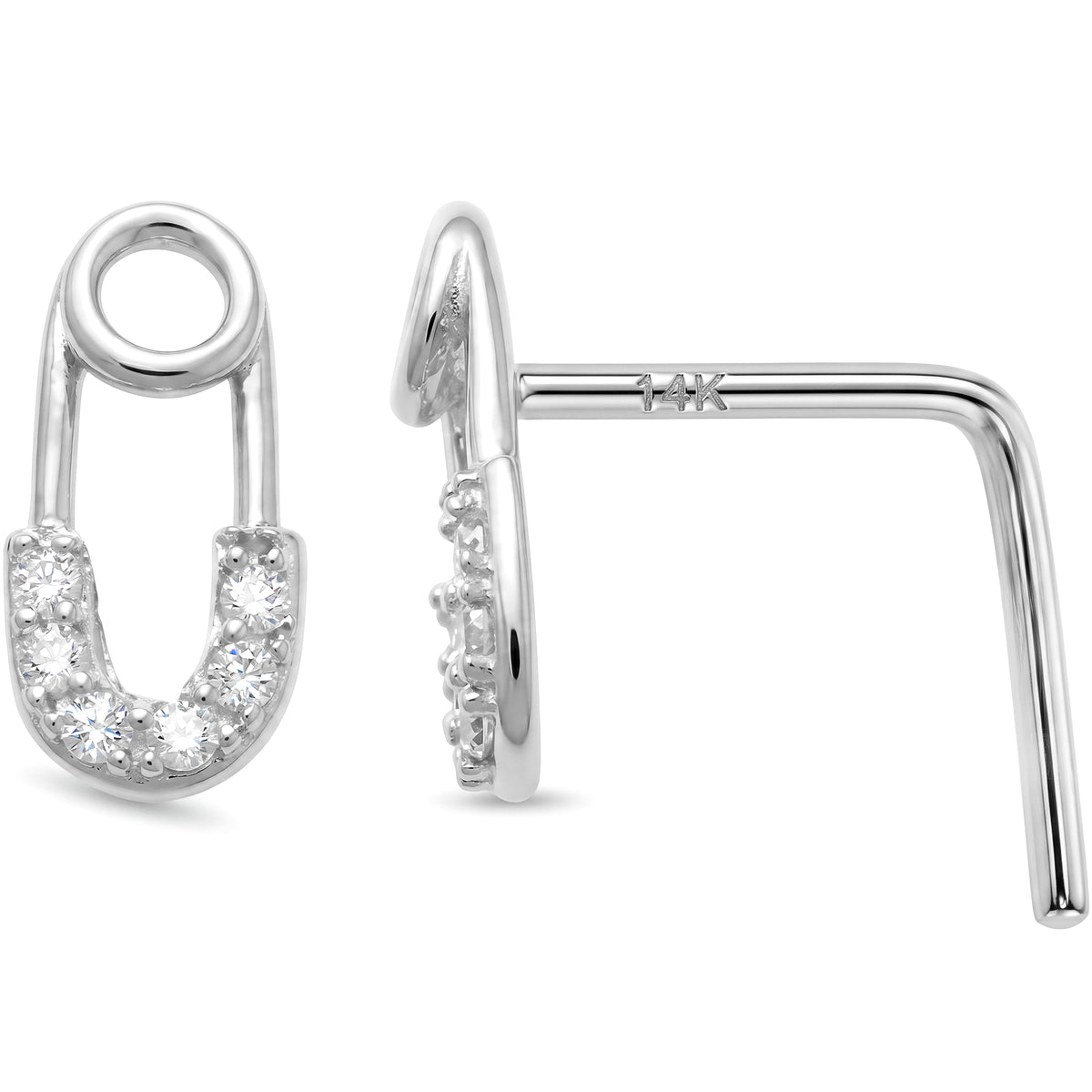 Solid 14k Gold Punk Luxe Safety Pin CZ 22G L-Shape Nose Ring