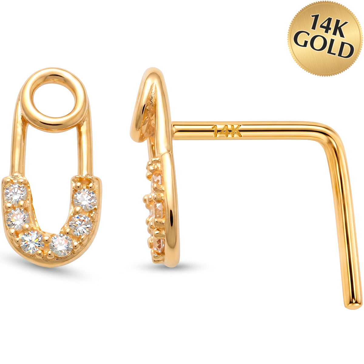 Solid 14k Gold Punk Luxe Safety Pin CZ 22G L-Shape Nose Ring