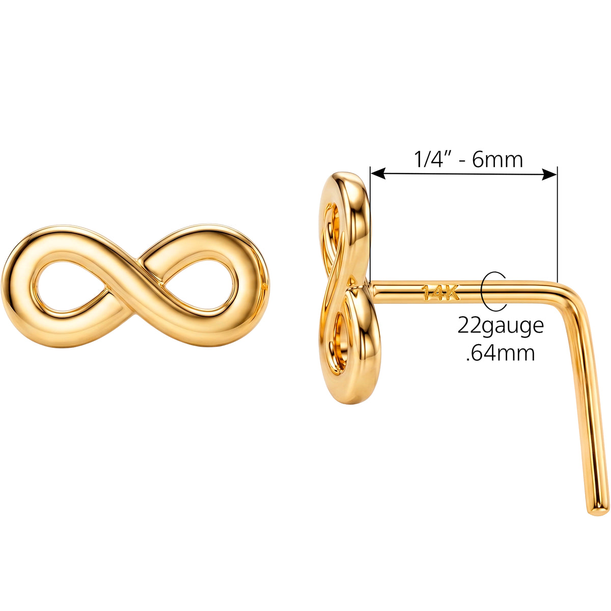 Solid 14k Yellow Gold Forever Infinity 22G L-Shape Nose Ring