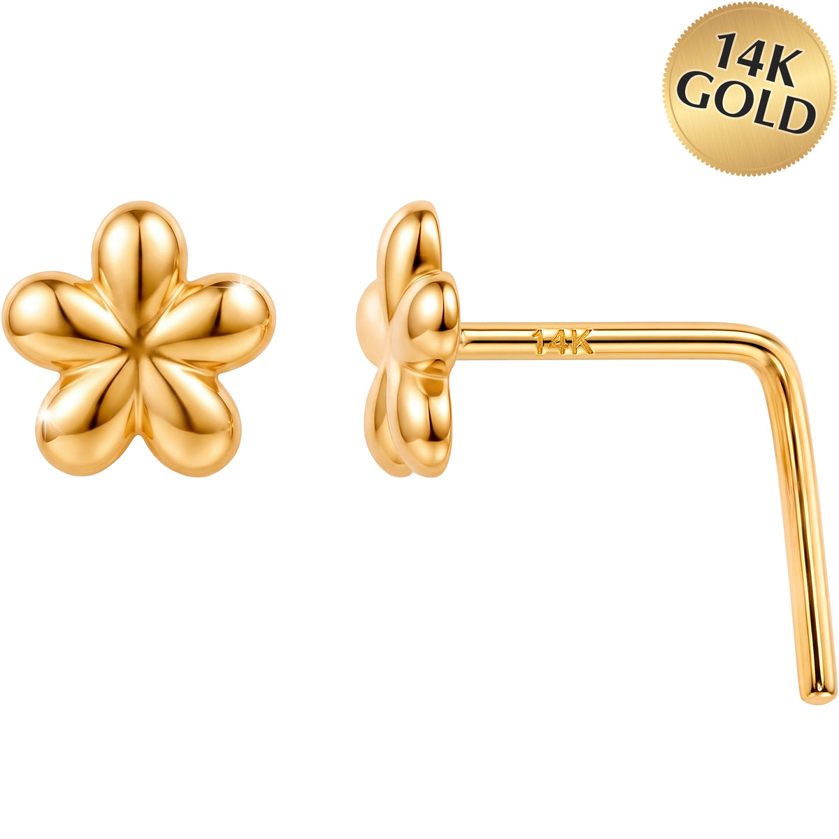 14k Yellow Golden Blossom Flower 22 Gauge Nose Ring L-Shape