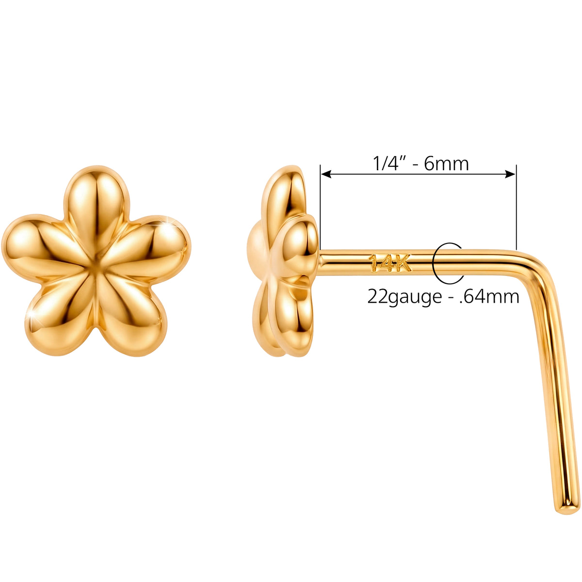 Solid 14k Yellow Golden Blossom Flower 22G L-Shape Nose Ring