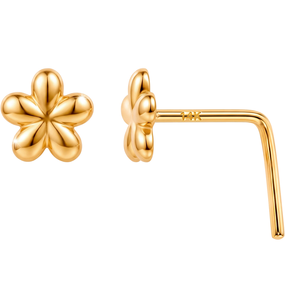 Solid 14k Yellow Golden Blossom Flower 22G L-Shape Nose Ring