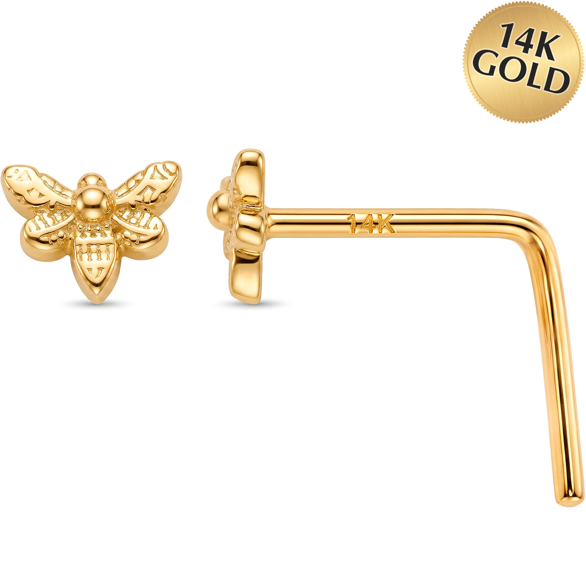 14k Yellow Gold Honey Bee 22 Gauge Nose Ring L-Shape