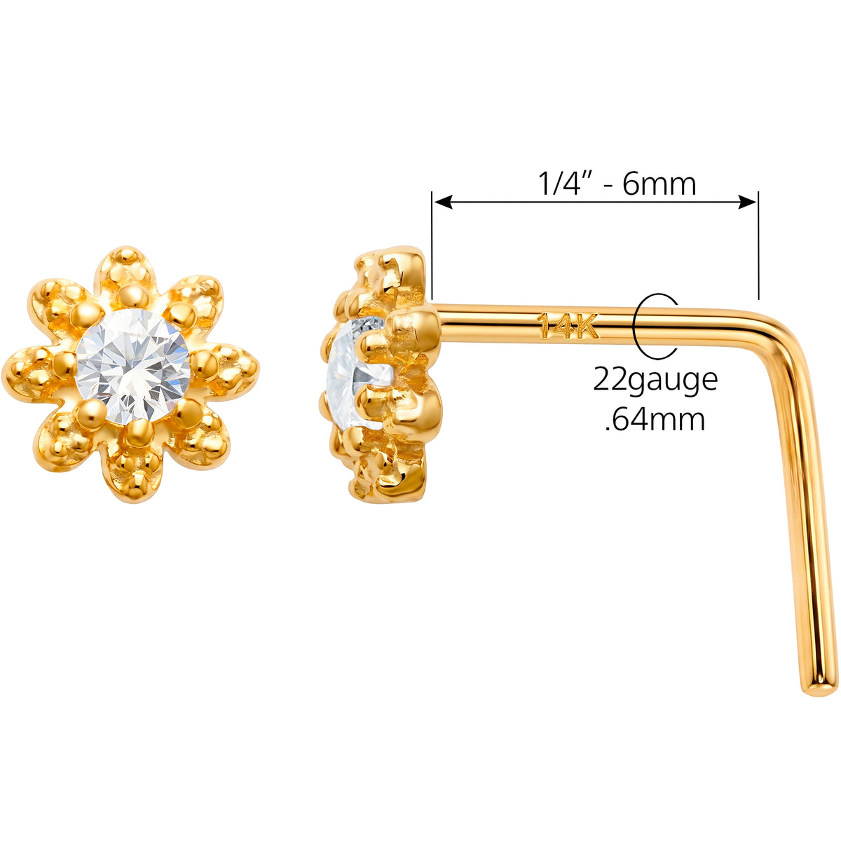 Solid 14k Yellow Gold CZ Sunflower 22G L-Shape Nose Ring