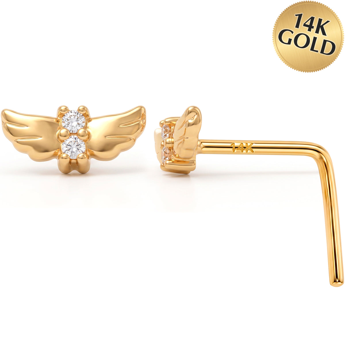 14k Yellow CZ Gold Angel Wing 22 Gauge Nose Ring L-Shape