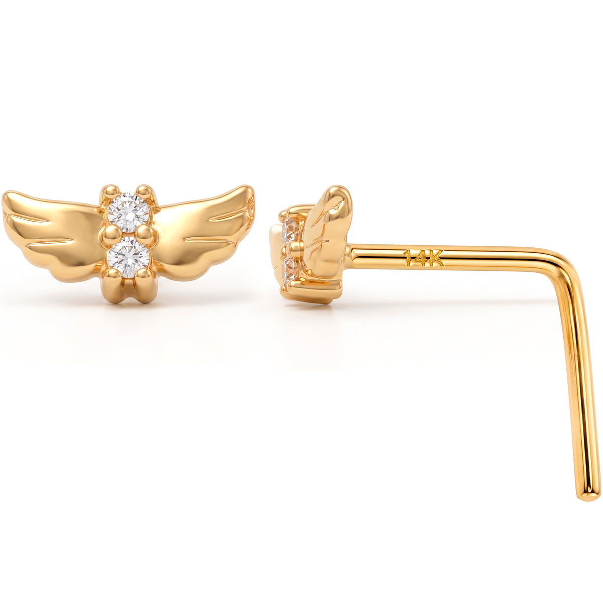 Solid 14k Yellow CZ Gold Angel Wing 22G L-Shape Nose Ring