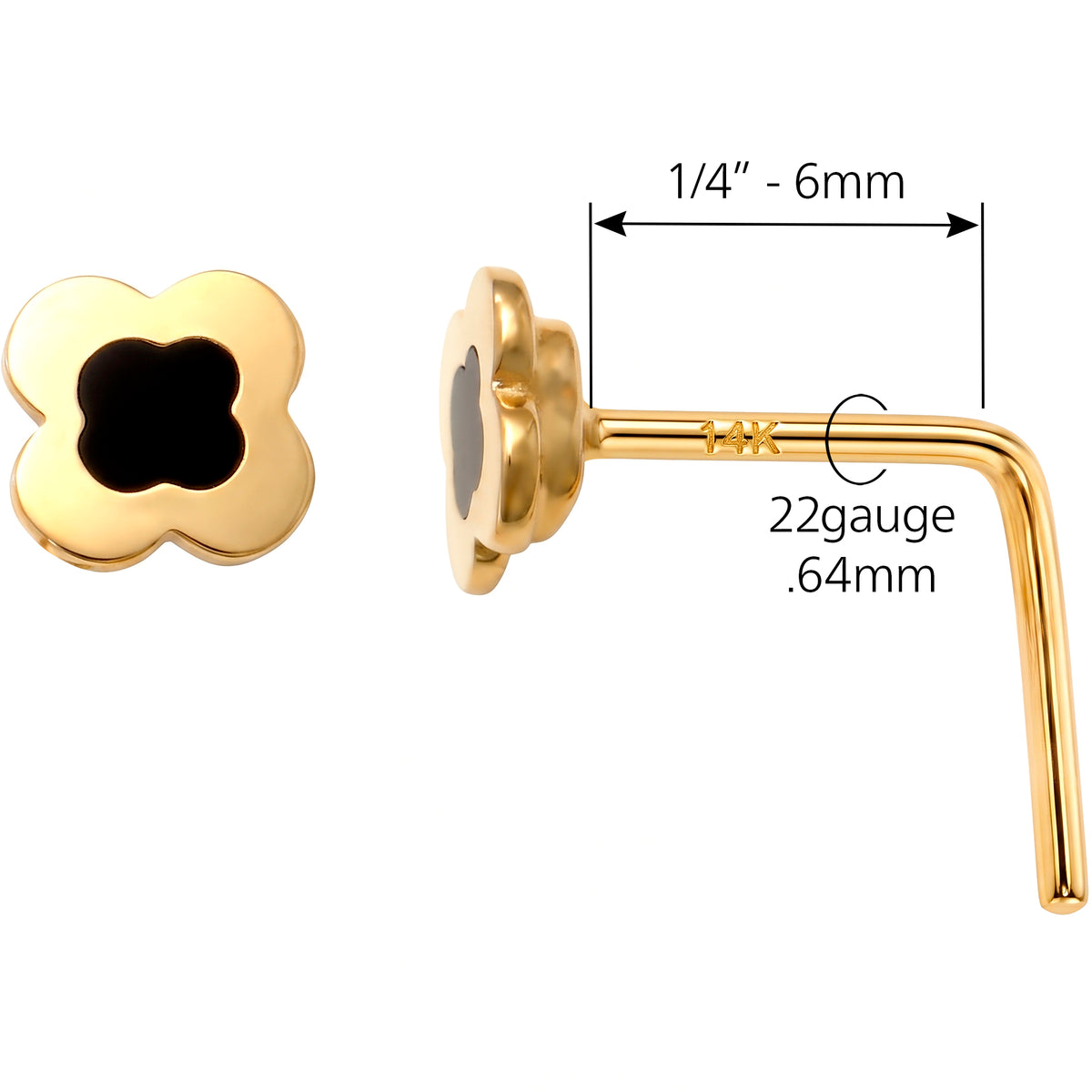 Solid 14k Yellow Black Clover Flower 22G L-Shape Nose Ring