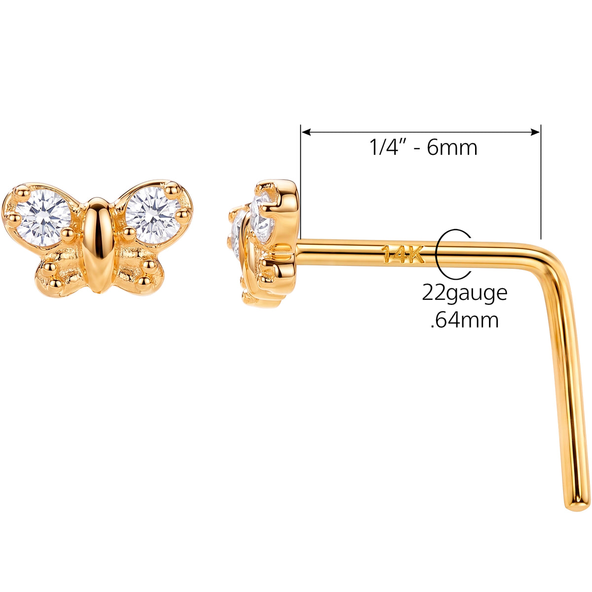 Solid 14k Yellow CZ Butterfly 22G L-Shape Nose Ring