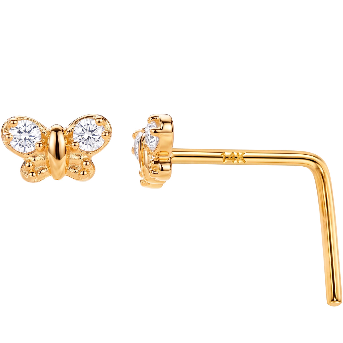 Solid 14k Yellow CZ Butterfly 22G L-Shape Nose Ring
