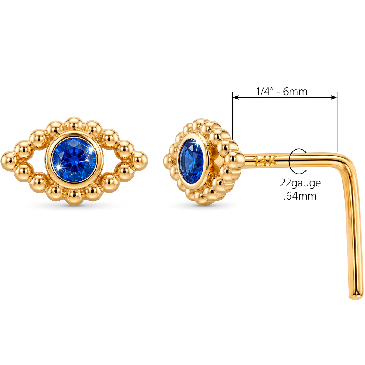 Solid 14k Yellow Gold Blue Mystic Eye CZ 22G L-Shape Nose Ring