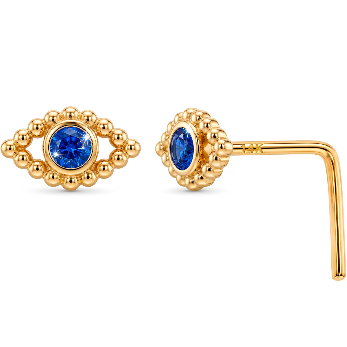 Solid 14k Yellow Gold Blue Mystic Eye CZ 22G L-Shape Nose Ring