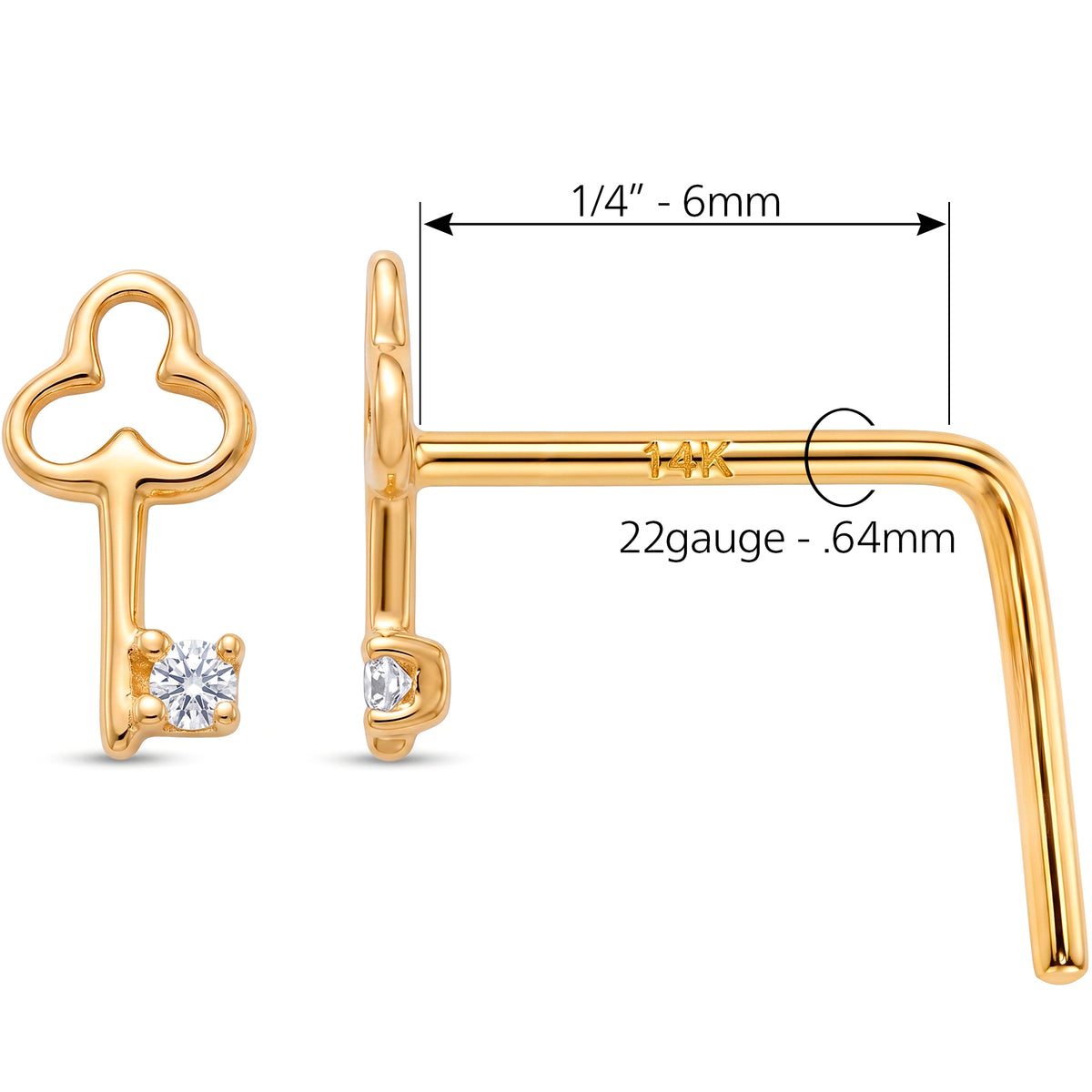 Solid 14k Yellow Gold Secret key CZ 22G L-Shape Nose Ring