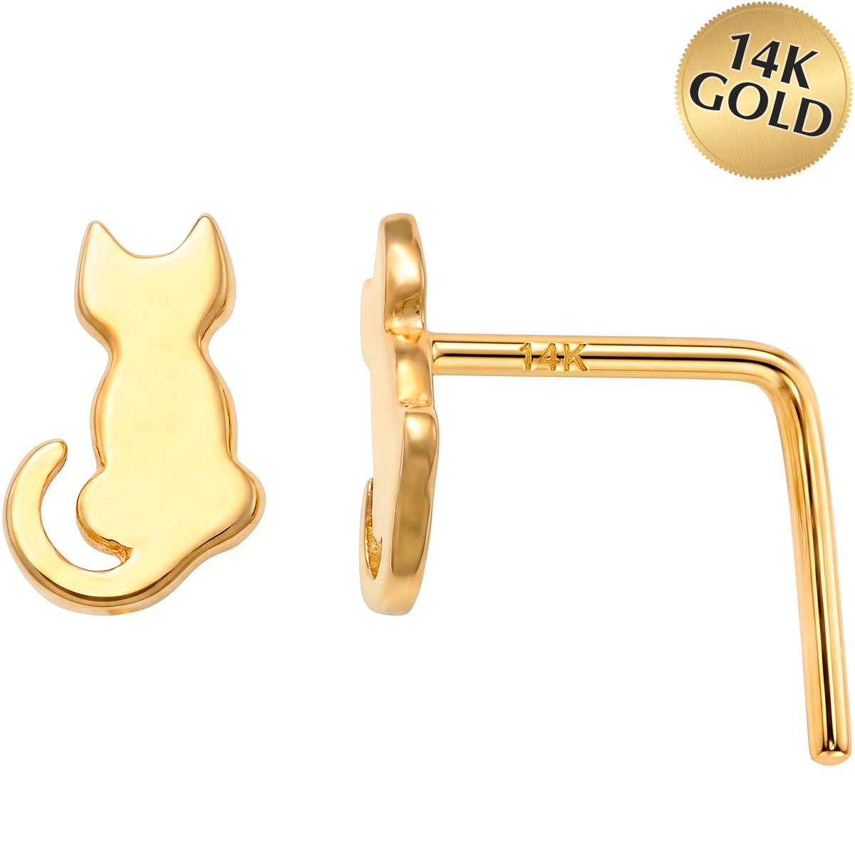 14k Yellow Sitting Cat 22 Gauge Nose Ring L-Shape