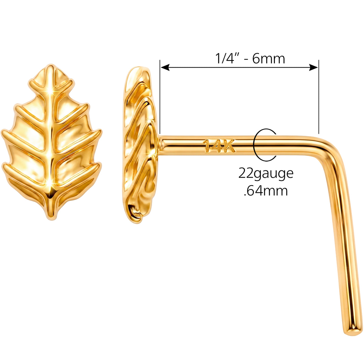 Solid 14k Yellow Gold Golden Leaf 22G L-Shape Nose Ring