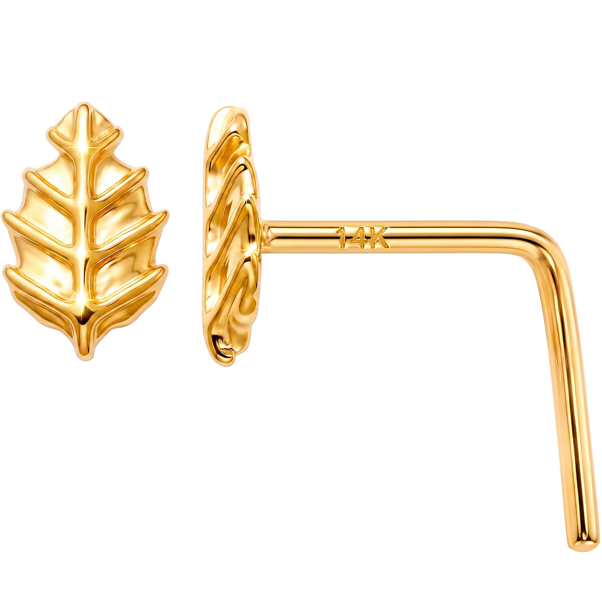 Solid 14k Yellow Gold Golden Leaf 22G L-Shape Nose Ring