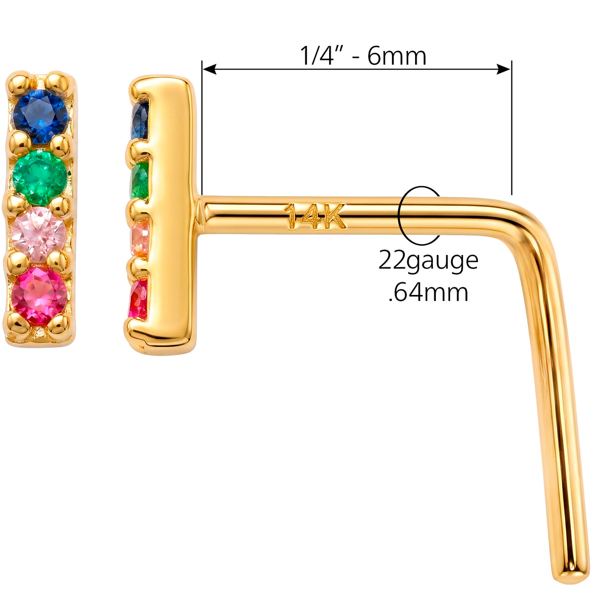 Solid 14k Yellow Gold Rainbow Sparkle Bar CZ 22G L-Shape Nose Ring