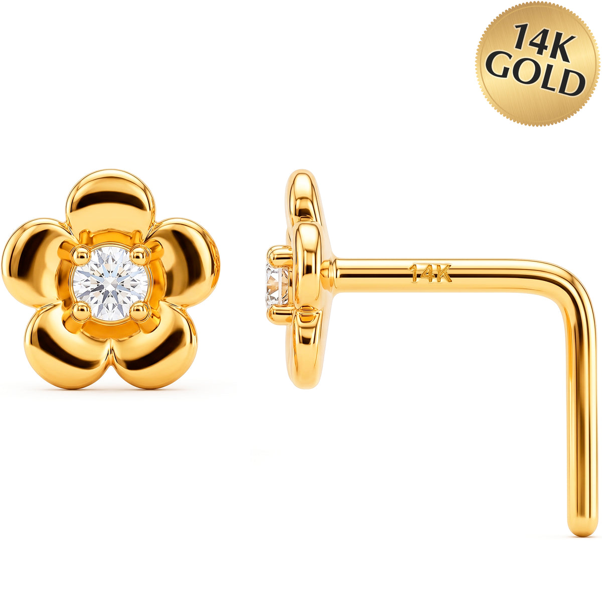 14k Yellow CZ Petite Blossome 22 Gauge Nose Ring L-Shape