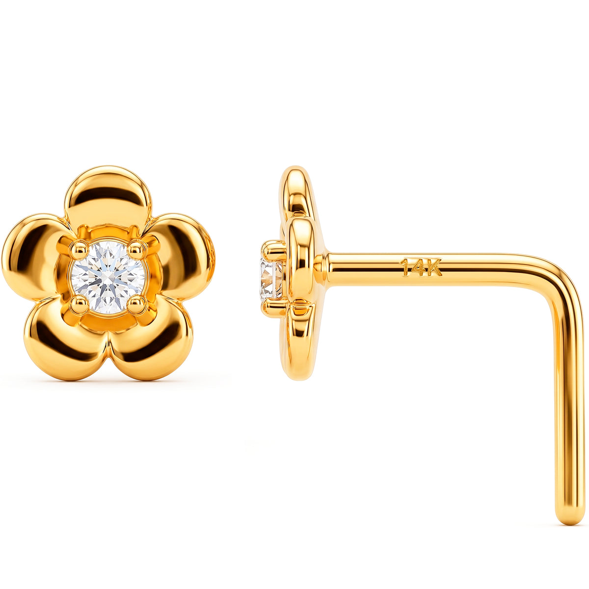 Solid 14k Yellow CZ Petite Blossome 22G L-Shape Nose Ring