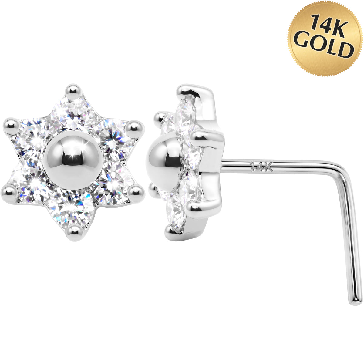14k CZ Celestial Star 22 Gauge Nose Ring L-Shape