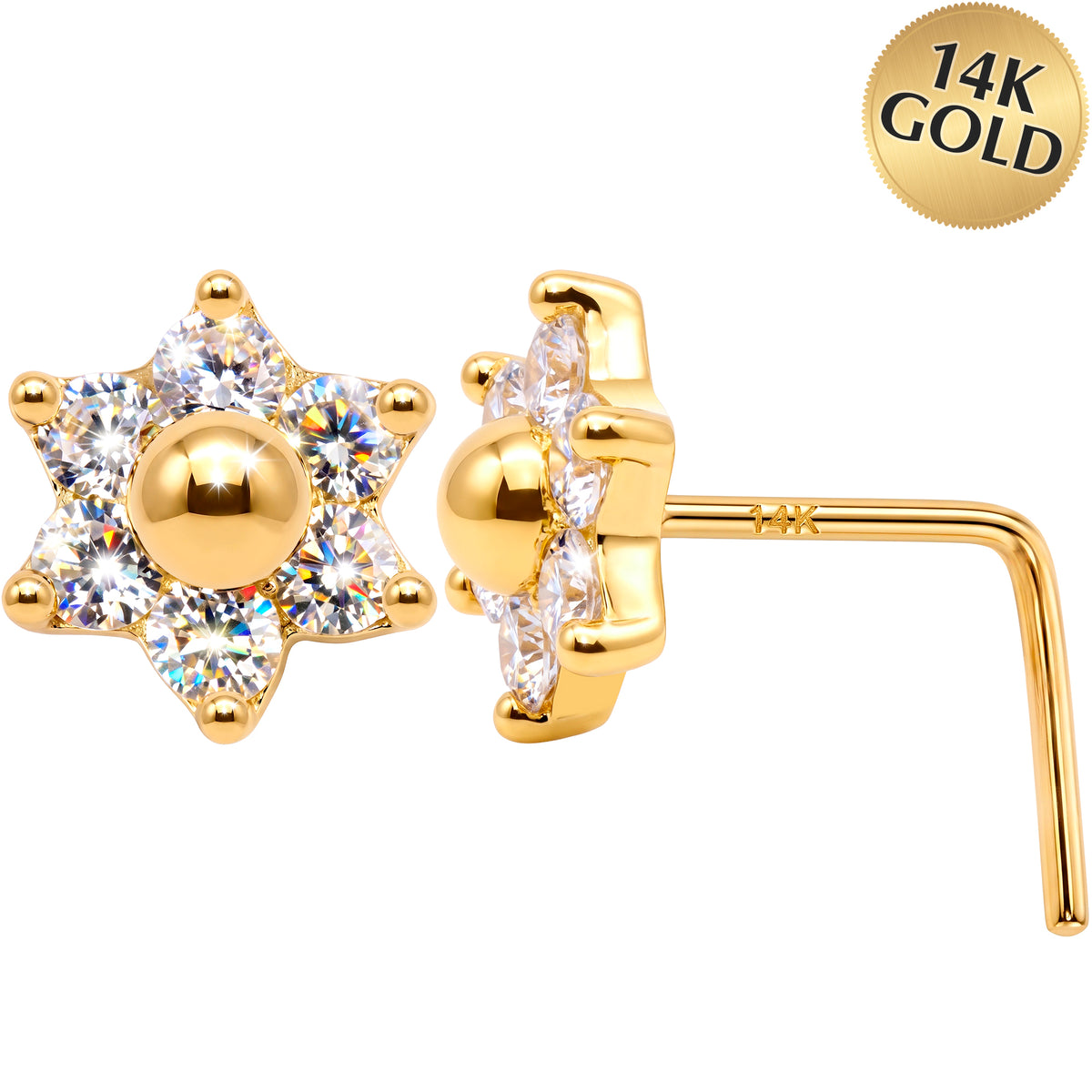 Solid 14k CZ Celestial Star 22G L-Shape Nose Ring