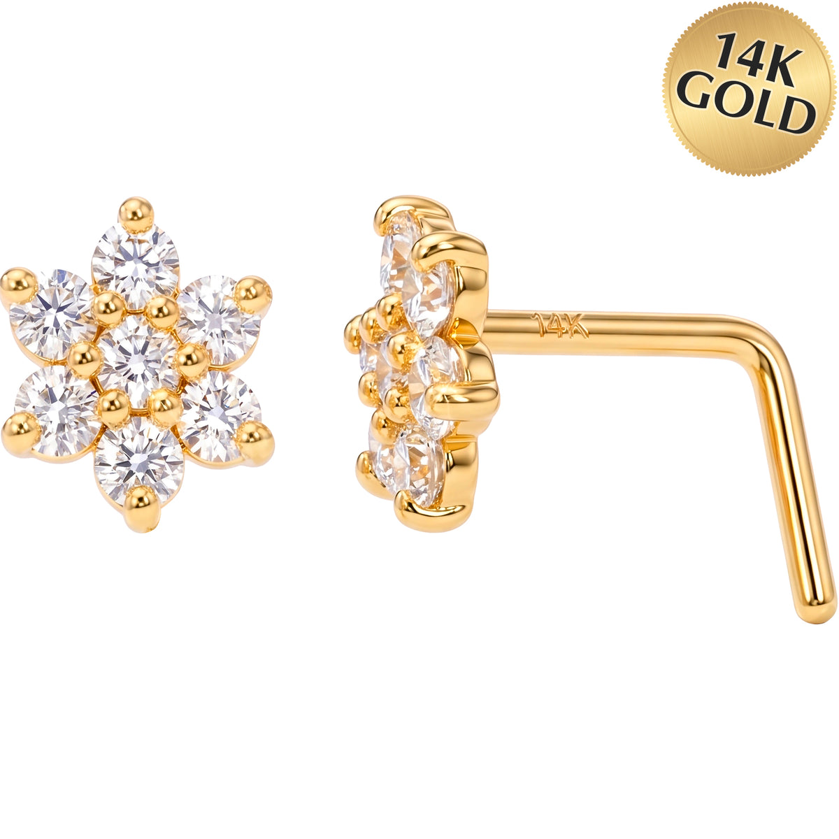 14k Yellow Gold CZ Starburst Flower 22 Gauge Nose Ring L-Shape