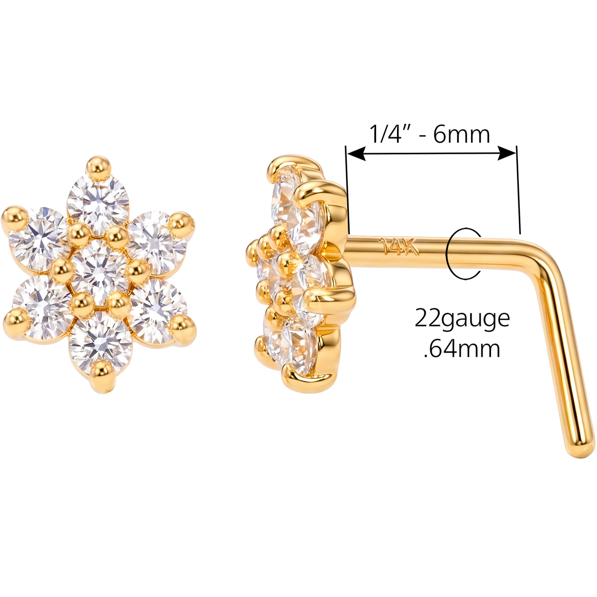 Solid 14k Yellow Gold CZ Starburst Flower 22G L-Shape Nose Ring