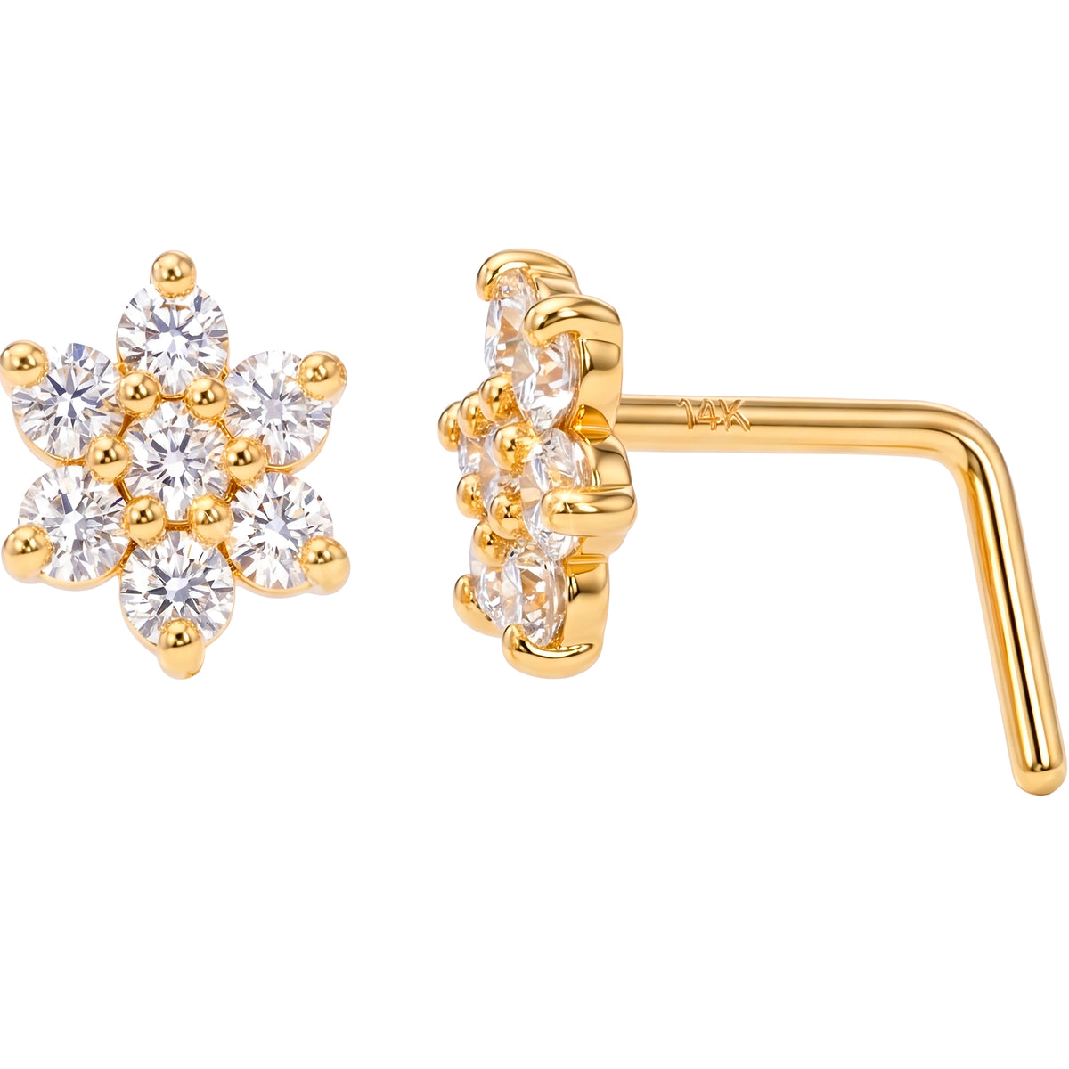 Solid 14k Yellow Gold CZ Starburst Flower 22G L-Shape Nose Ring