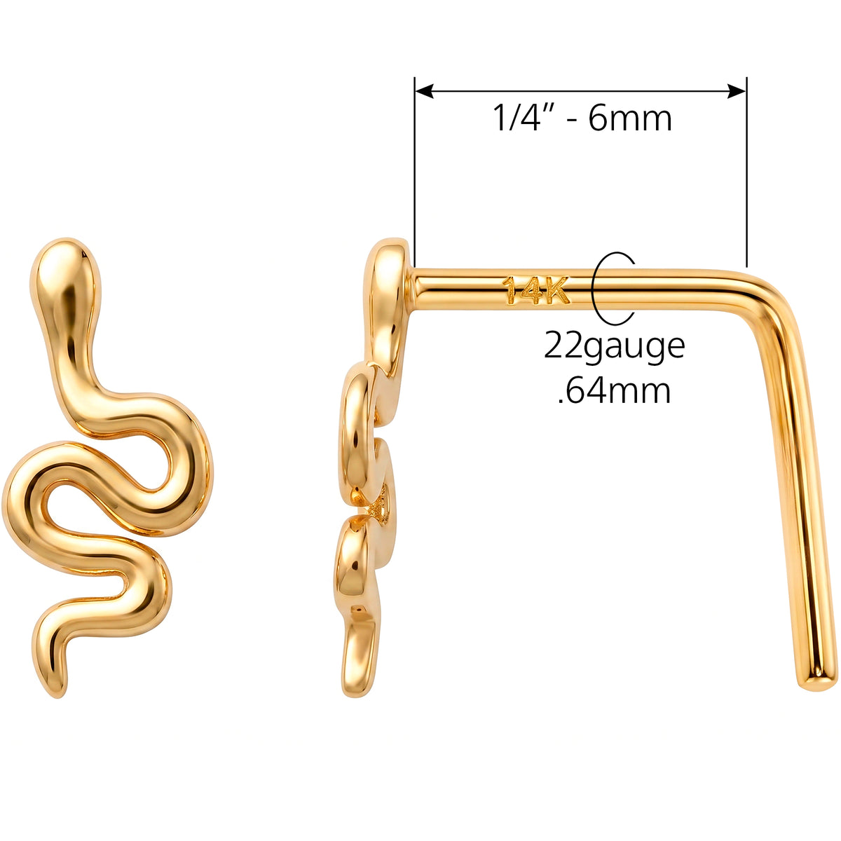 Solid 14k Yellow Gold Slithering Snake 22G L-Shape Nose Ring