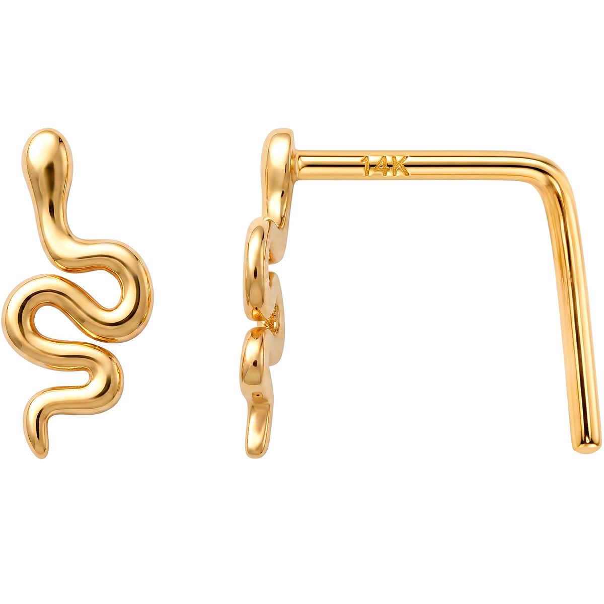 Solid 14k Yellow Gold Slithering Snake 22G L-Shape Nose Ring