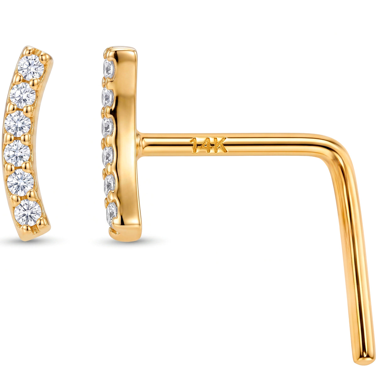 Solid 14k Yellow Gold Curved Pave Bar CZ 22G L-Shape Nose Ring