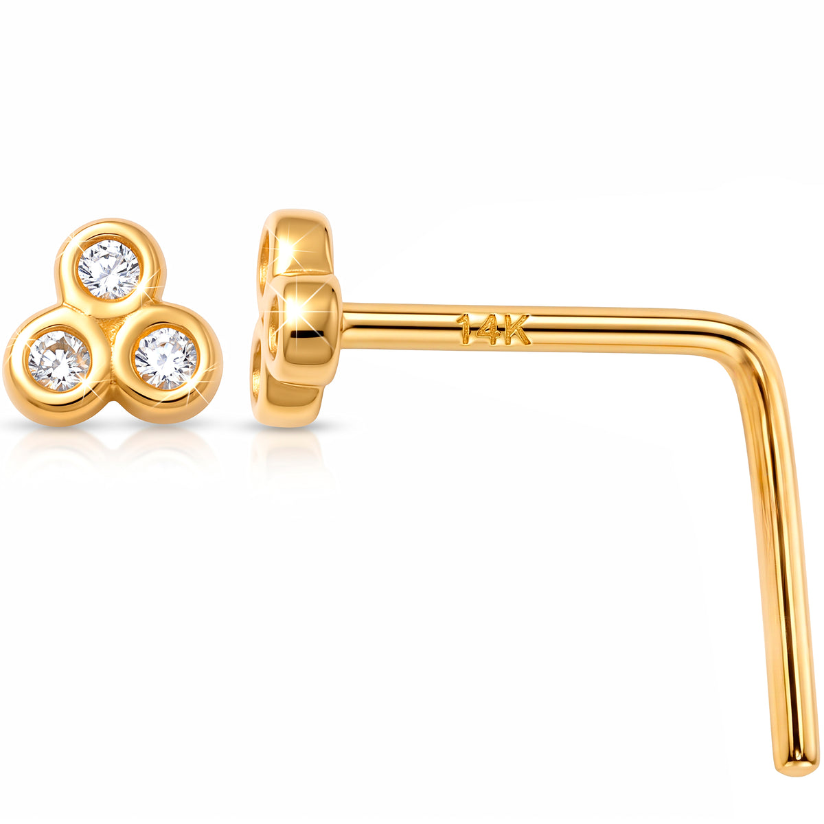 Solid 14k Yellow Gold Trio Sparkle CZ 22G L-Shape Nose Ring
