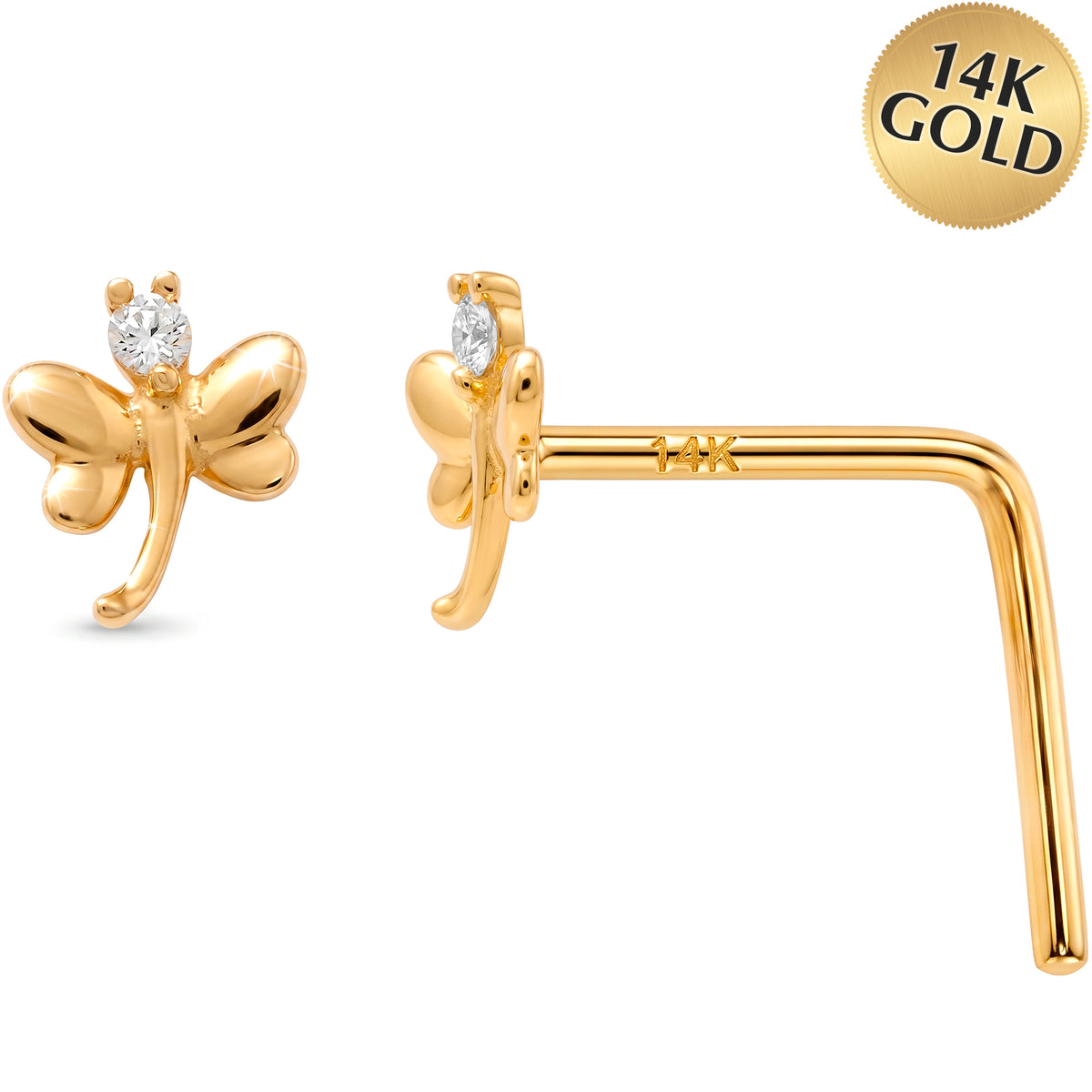 14k Yellow Gold CZ Dragon fly 22 Gauge Nose Ring L-Shape