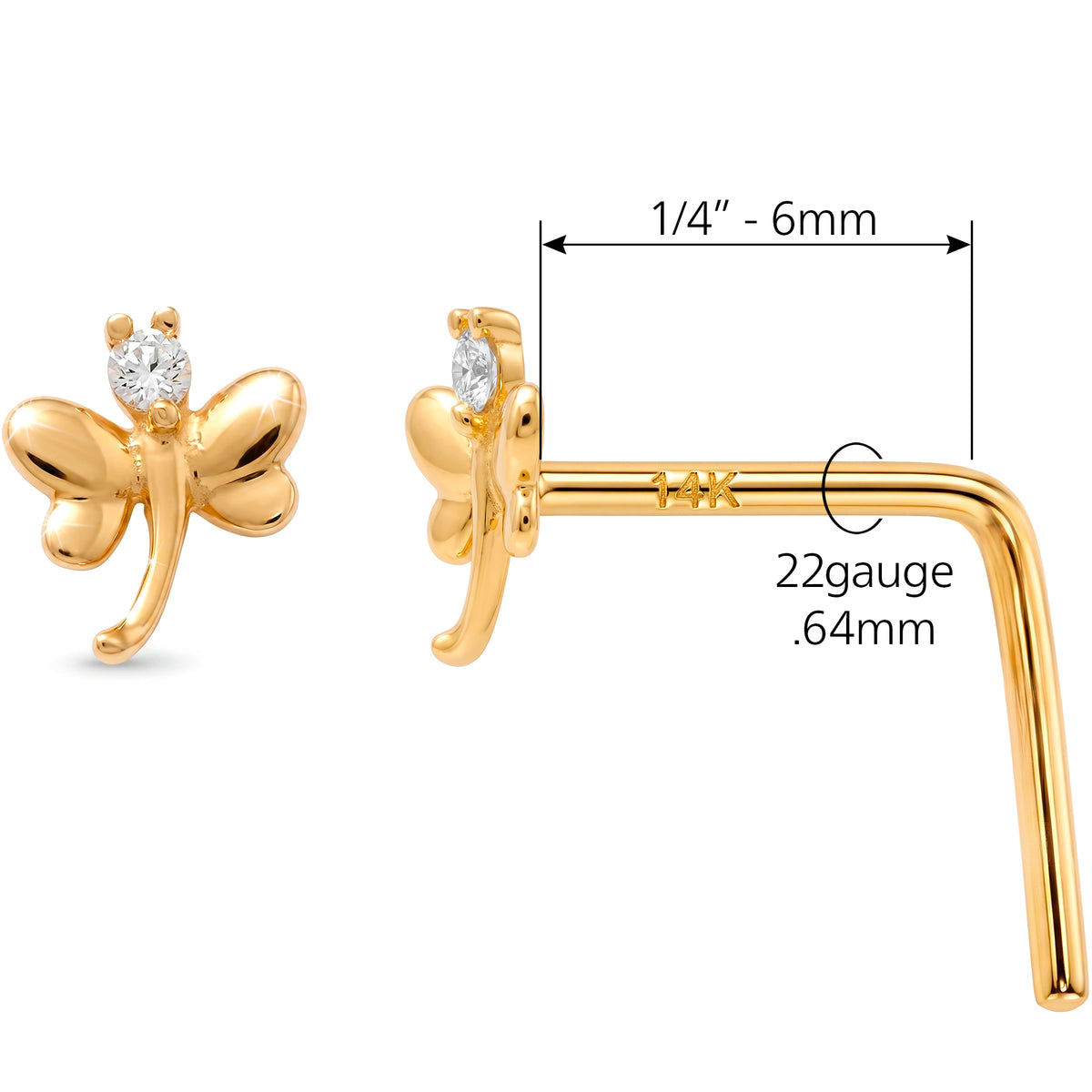 Solid 14k Yellow Gold CZ Dragon fly 22G L-Shape Nose Ring
