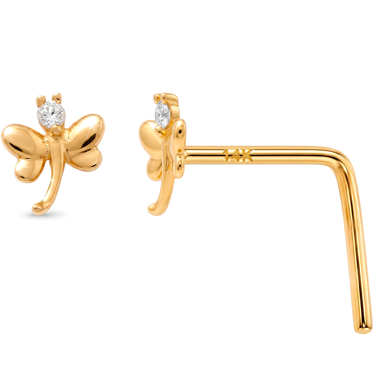 Solid 14k Yellow Gold CZ Dragon fly 22G L-Shape Nose Ring