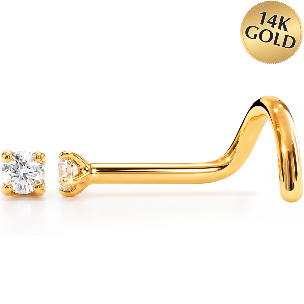 Solid 14k Gold Classic Solitaire CZ 22G Nose Screw Ring