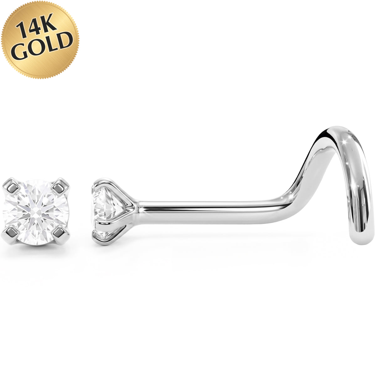 Solid 14k Gold Classic Solitaire CZ 22G Nose Screw Ring