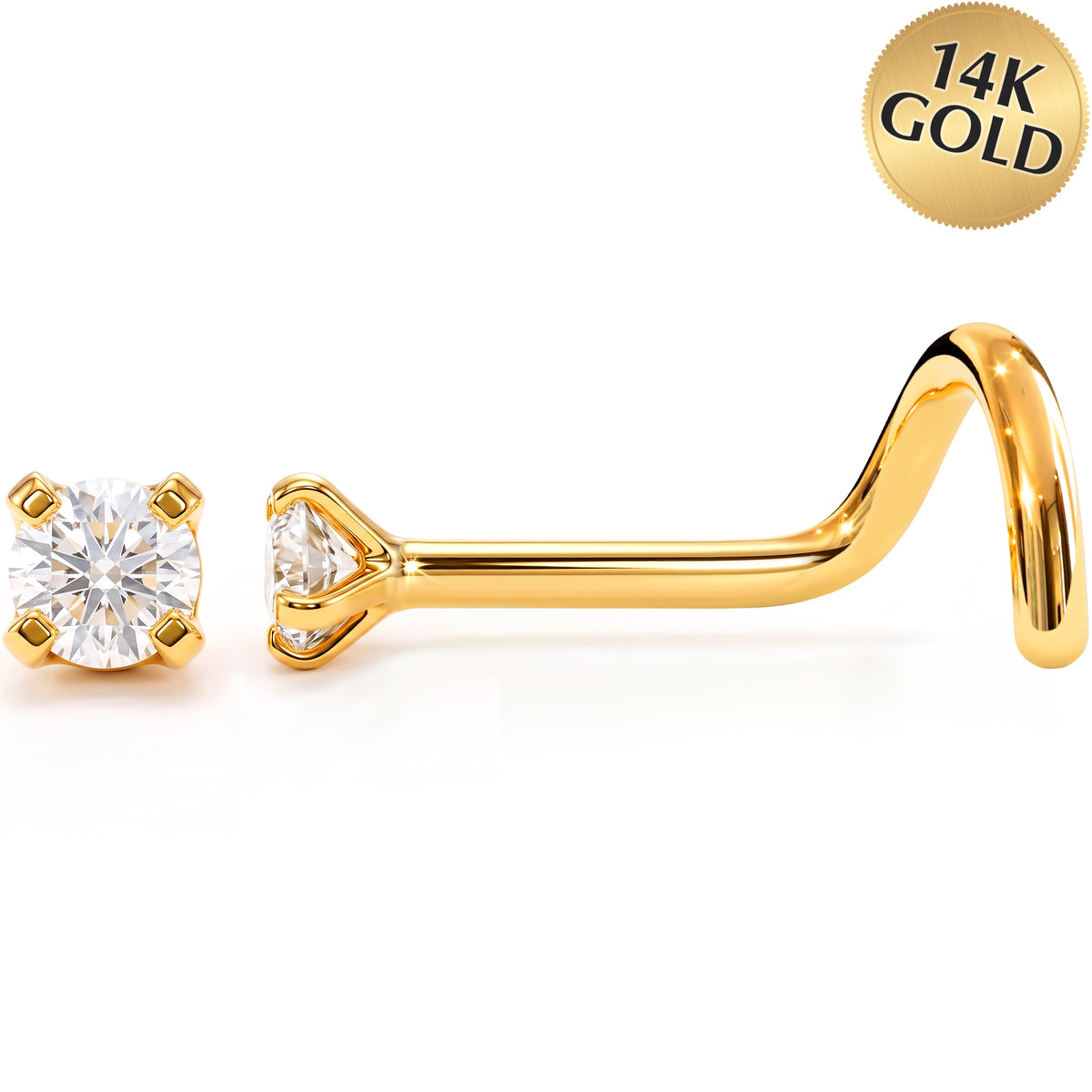 Solid 14k Gold Classic Solitaire CZ 22G Nose Screw Ring